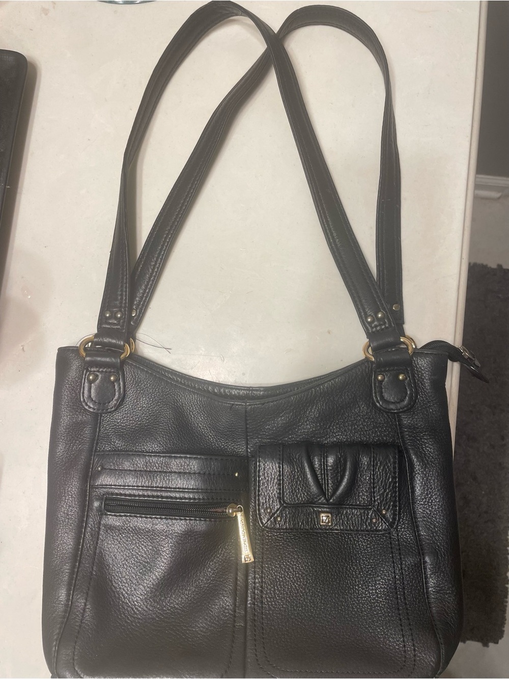Vintage Stone Mountain Black Leather Shoulder Bag with Front Pockets